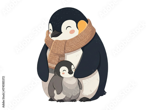 A heartwarming illustration of a parent penguin in a scarf hugging its adorable baby chick.