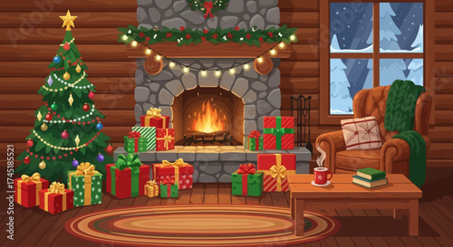 Cozy Christmas Eve Cabin Scene with Decorated Tree, Fireplace, and Gifts, perfect illustration