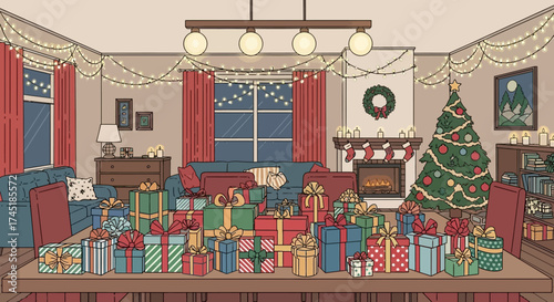 Stylized festive interior brimming with presents and a decorated christmas tree ambiance