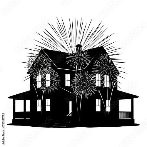 Silhouette of a house with fireworks exploding around it isolated on white background