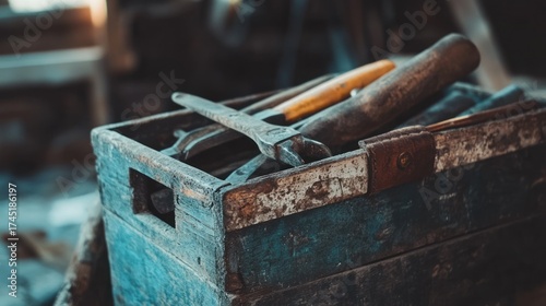 Old toolbox with tools in workshop