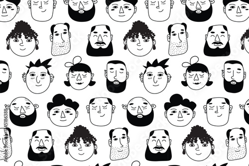 Seamless doodle pattern of diverse human faces — black and white hand drawn illustration for modern design and textile