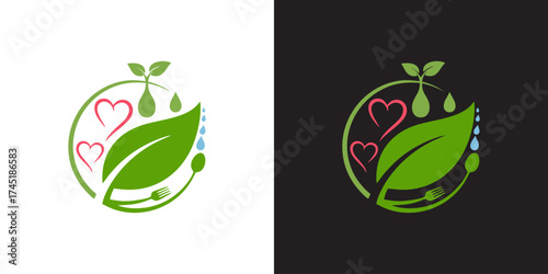 Vibrant, modern logo design showcasing organic leaf, sprouting plant, and hearts, ideal for health, wellness, and eco-friendly brands seeking a natural, loving aesthetic