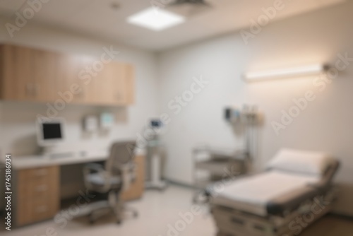 Abstract blurred exam room interior in hospital for background