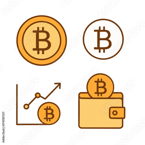 Bitcoin Icon Set – Cryptocurrency and Digital Finance Vector Illustration