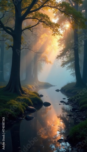 Glowing trees, tranquil stream, ethereal mist, digital art, enchanted, mystical