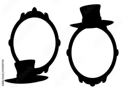Logo con 2 siluetas de marco ovalado de espejo decorativo con viejo sombrero para tarjetas y felicitaciones de Halloween