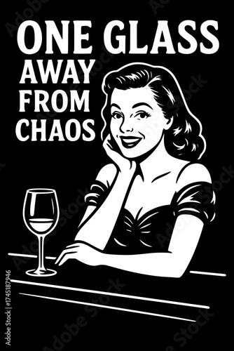 A white-only vintage pin-up style vector illustration of a smiling woman leaning on a bar counter with a nearly empty wine glass, playful text