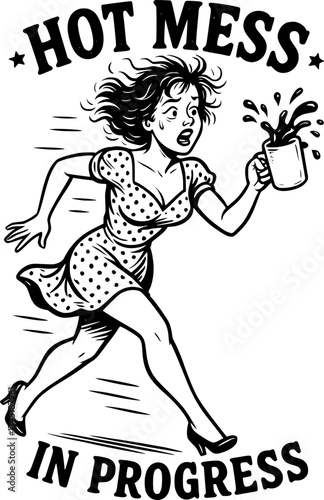 A humorous white-only retro vector illustration in 1950s pin-up style of a woman rushing with messy hair and spilled coffee, expressive text