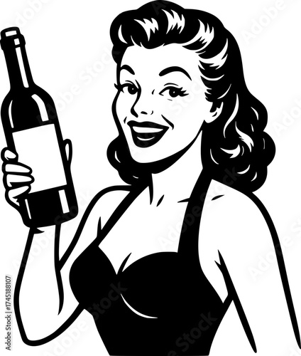 A bold and humorous white-only vector illustration in classic 1950s pin-up style featuring a smiling woman holding a wine bottle