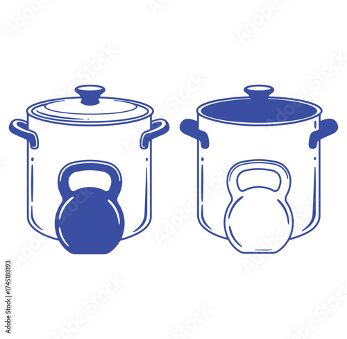 Vector illustration of a kitchen pot and a kettlebell in a clean monochromatic style