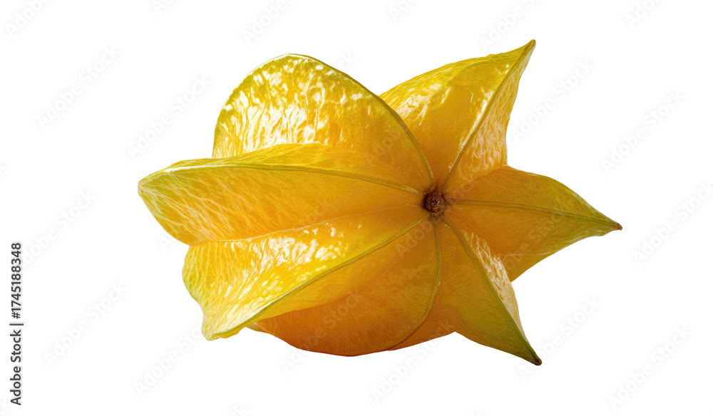 Fototapeta premium Isolated overhead shot of a bright, waxy, star-shaped exotic fruit on a black background