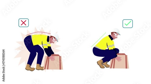 Right Wrong Manual Lifting of Goods. Heavy boxes are lifted in the correct and incorrect postures, Perfect for demonstration. 4k Animation
