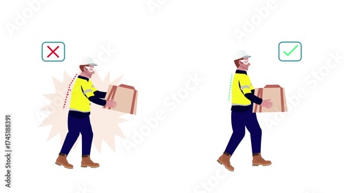 Ergonomic instructions, Correct and Wrong Manual Handling, Lifting Heavy Items at the Workplace, Perfect for Animation. 4k Animation