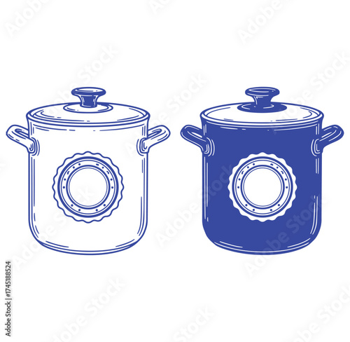 Vector illustration of two cooking pots in white and blue color variations