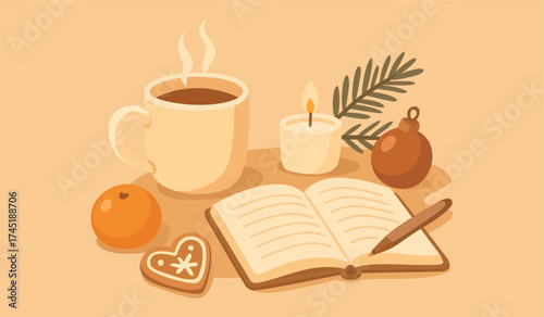Cozy Winter Reading with Coffee and Candle – Minimalist Christmas Illustration