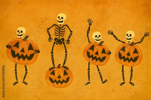 Funny Dancing Skeletons with Jack-O-Lantern Pumpkins | Halloween Vintage Illustration Set