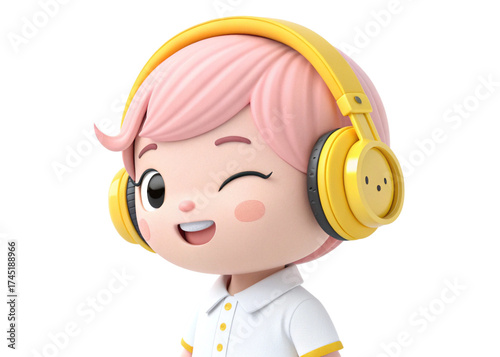 3d rendered baby doll with headphones for digital stock marketing