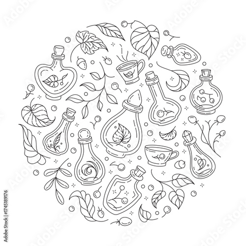 Potion bottles and autumn leaves vector illustration. Magical doodle circle coloring page.