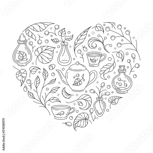 Autumn tea and potion bottles in heart shape. Cozy vector graphic doodle coloring page.