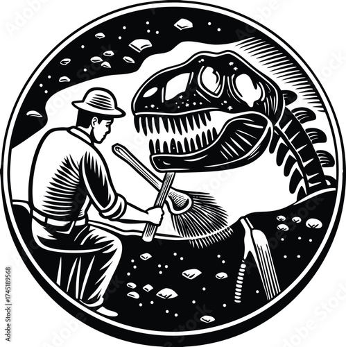  Dinosaur Fossil Excavation Discovery Woodcut