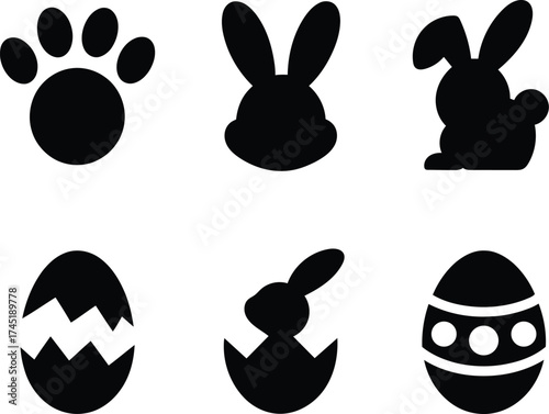 Easter Celebration with Black Silhouette Icons on White Background Holiday Theme