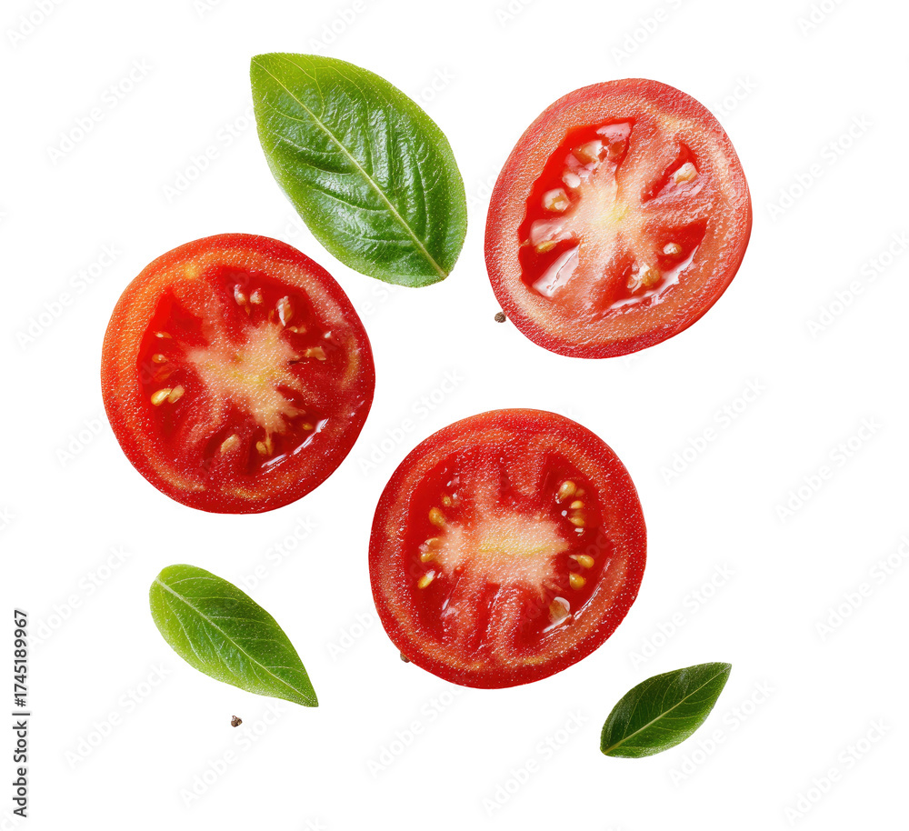 Naklejka premium Overhead shot of halved red tomatoes with basil leaves on a black background