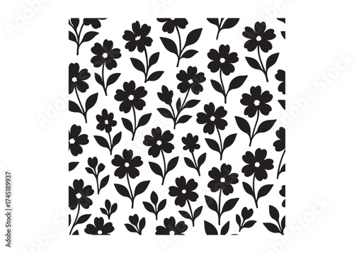 Elegant seamless floral pattern with black flowers and leaves, seamless floral flower Pattern silhouette, black and white flower pattern, seamless flower pattern logo silhouettes vector 