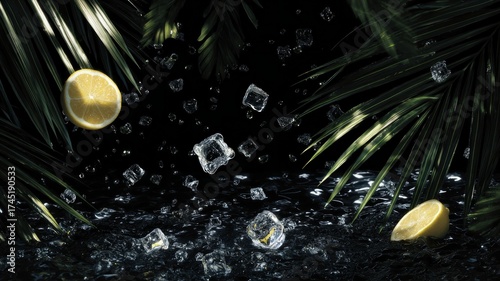 Wallpaper Mural Ice, lemon, and water splash with tropical leaves. Artificial intelligence image Torontodigital.ca