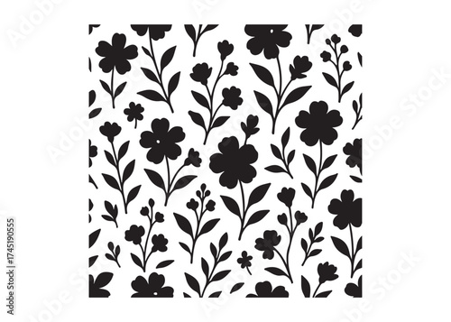 Elegant seamless floral pattern with black flowers and leaves, seamless floral flower Pattern silhouette, black and white flower pattern, seamless flower pattern logo silhouettes vector 