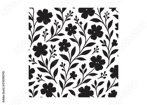Elegant seamless floral pattern with black flowers and leaves, seamless floral flower Pattern silhouette, black and white flower pattern, seamless flower pattern logo silhouettes vector 