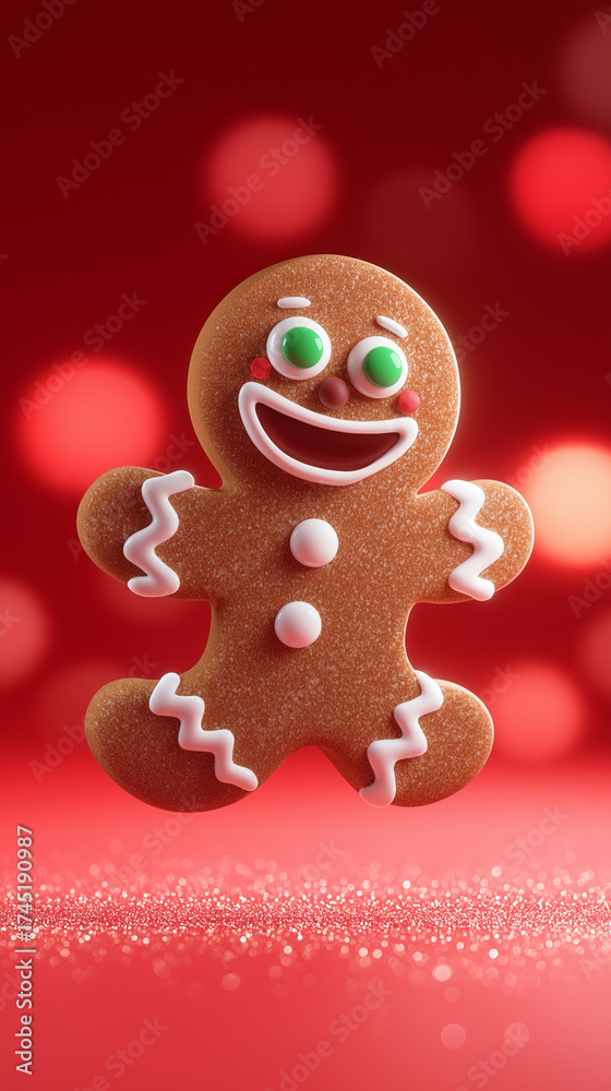 Naklejka premium Cute gingerbread man cookie with icing details on a festive red background. 