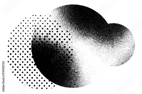 Black and white halftone texture with abstract grunge shapes for minimalist modern graphic art and poster backgrounds