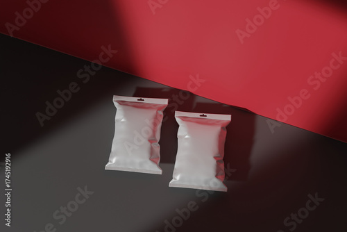 3D render of blank white food packaging with window light and red-white background