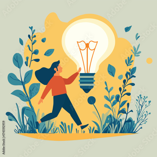 A couple energetically rushes forward while holding a large light bulb, symbolizing the pursuit of innovation and creativity in today's fast-paced world