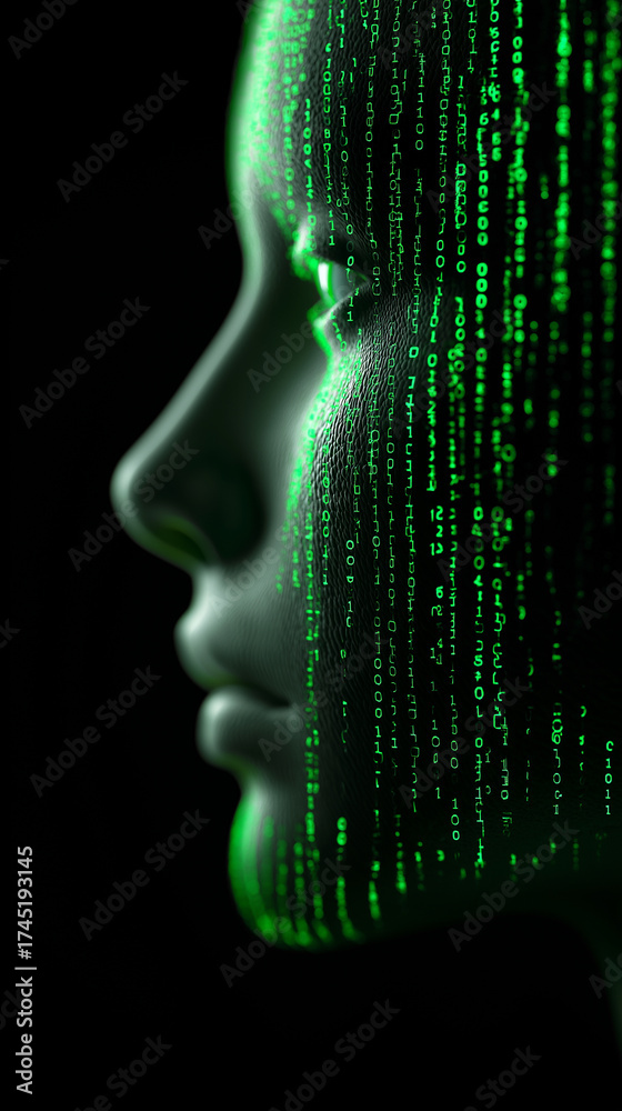 Obraz premium Digital human face made of glowing green binary code representing artificial intelligence. 