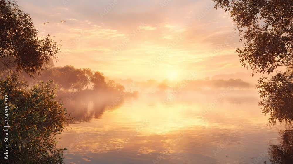 Fototapeta premium Serene sunrise on calm river. Artificial intelligence image
