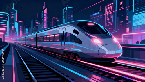 Bullet Train Passing Through Neon City at Night
