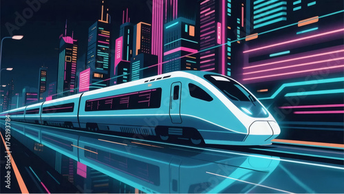 Futuristic Bullet Train Passing Through Neon City Cyberpunk at Night
