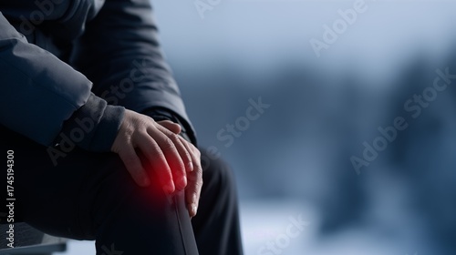 Person touching sore knee outdoors in snowy winter weather, close up partial view