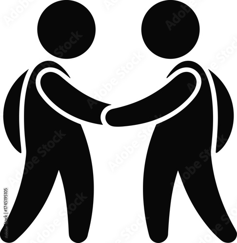 Black Pictogram of Two Simple Human Figures Shaking Hands, Vector Graphic Symbolizing Partnership, Business Deal, Greeting, Agreement, Collaboration, and Friendship.