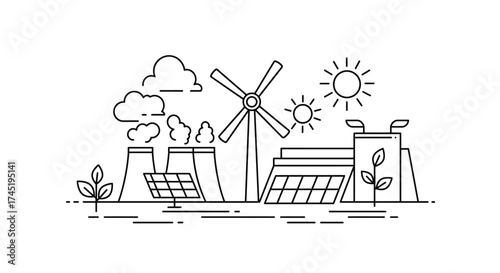 Renewable energy sources depicted in a simple line art illustration