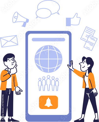 People standing near a large smartphone with icons of messages and notifications. Concept of online communication and social networks.