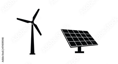 Black outline illustration depicting a wind turbine and solar panel together