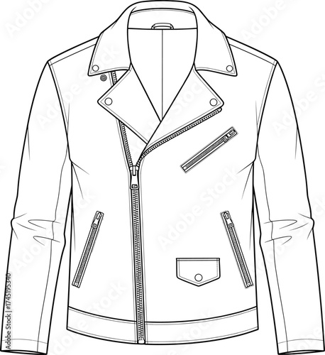 Biker jacket illustration, asymmetrical zipper with notched lapel and snap buttons, multiple zip pockets and flap detail, fashion garment vector, technical sketch