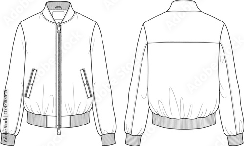 Bomber jacket illustration, front zipper closure with slanted zip pockets, ribbed collar and waistband, clean back view, fashion garment vector, technical sketch