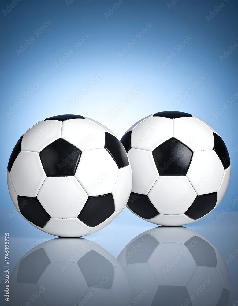 Obraz premium Two soccer balls, black and white, against a light blue background, with reflections