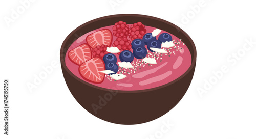 A vibrant smoothie bowl topped with fresh berries and coconut flakes
