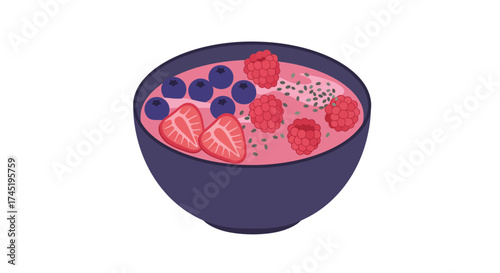 A colorful smoothie bowl topped with fresh berries and seeds