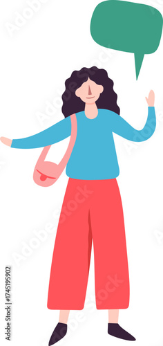 Woman gesturing greeting with blank speech bubble